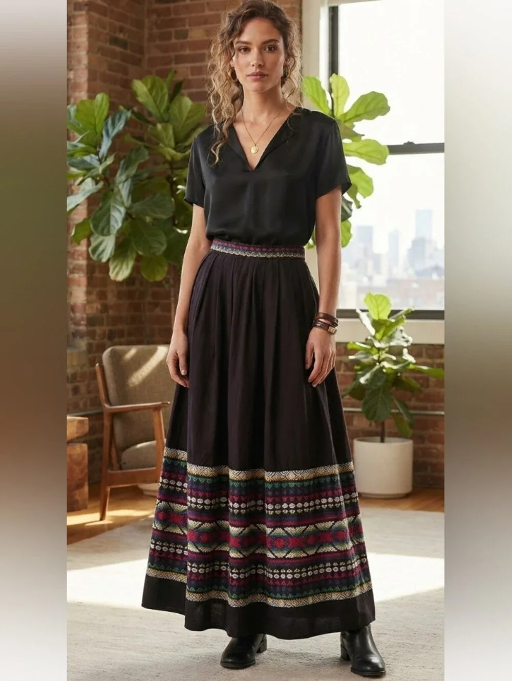 Vintage Pelux Guatemalan Multicolor Boho Folk Maxi Skirt Size‎ 24